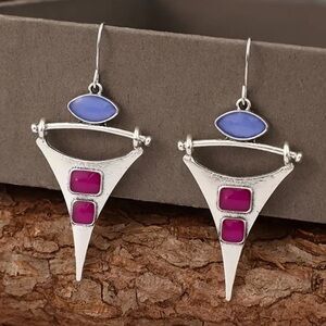 Boho Chic Purple Geometric Western, Hippie Silver-tone Drop Earrings